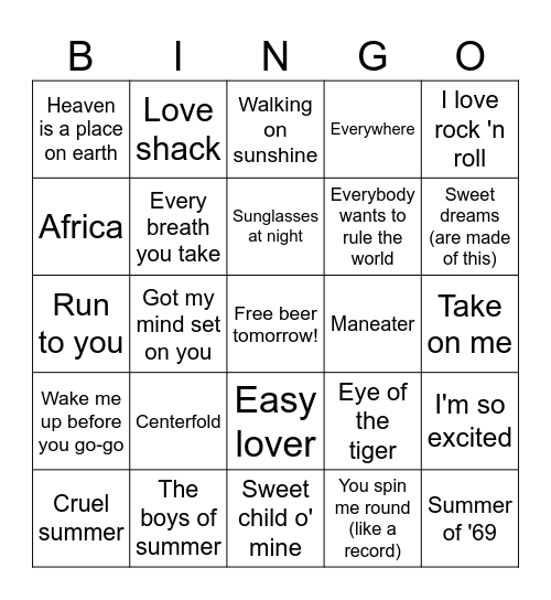 80's Bingo Card