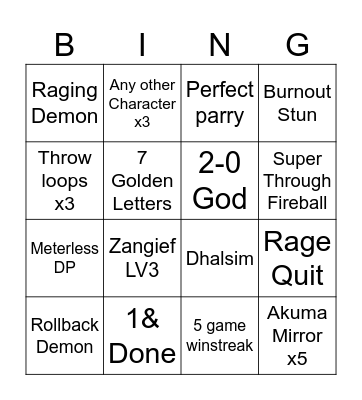 Street Fighter Bingo Card
