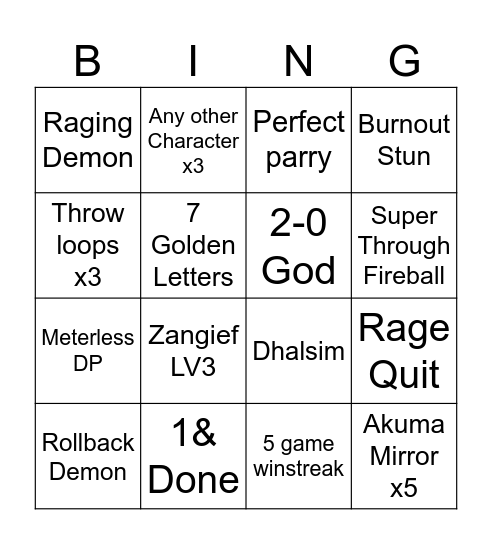 Street Fighter Bingo Card