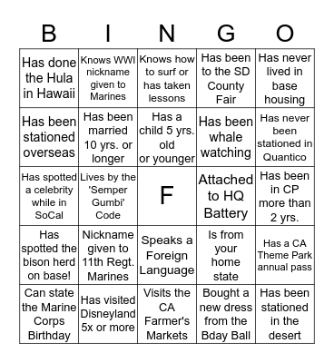 Surpise Party Bingo Card