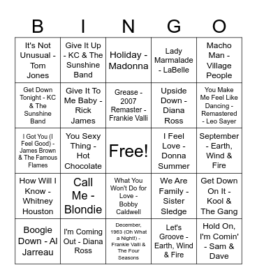 DISCO PARTY TOP 100 MUSIC BINGO Card