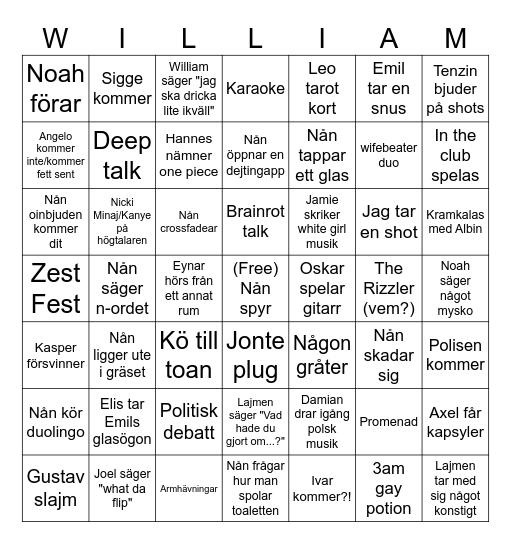 wiljäm fäst Bingo Card