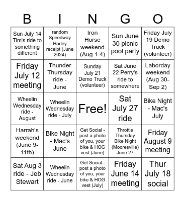 Summer HOG Series Bingo Card