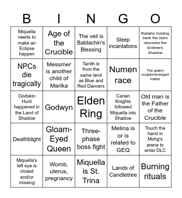 Tess's Elden Ring Bingo Card