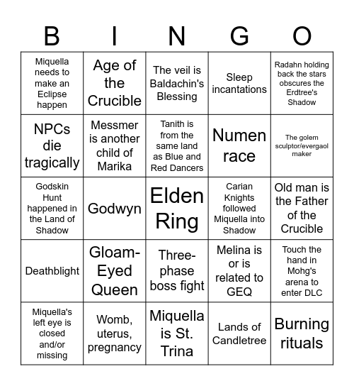 Tess's Elden Ring Bingo Card