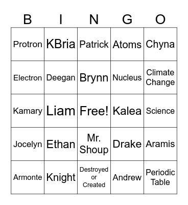 2nd Hour Bingo Card