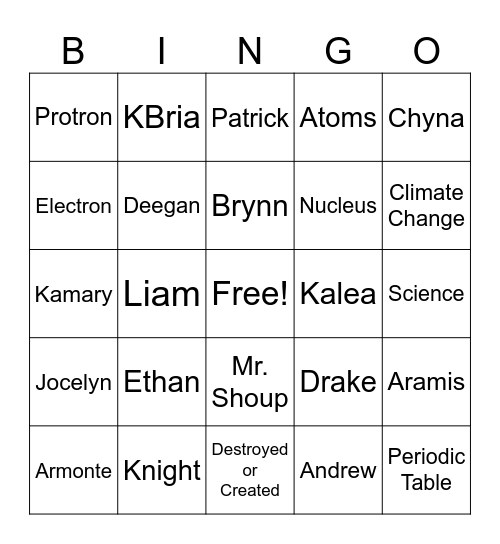 2nd Hour Bingo Card