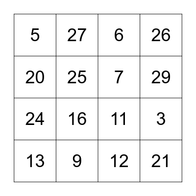 Number Bingo Card