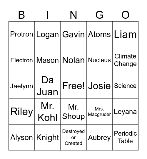5th Hour Bingo Card