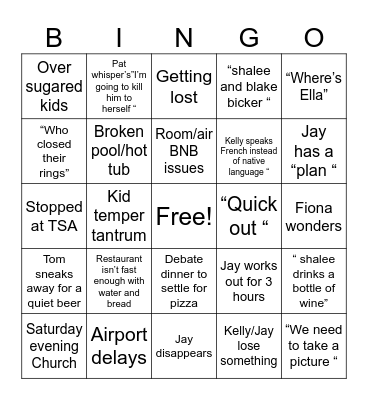 Cunneen family vacation Bingo Card