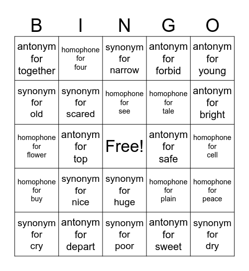 Synonym Antonym And Homophone Bingo Card
