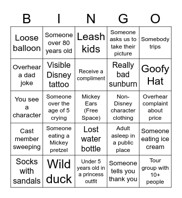 Disney World Bingo Card