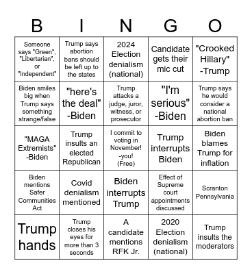 Debate Bingo Card