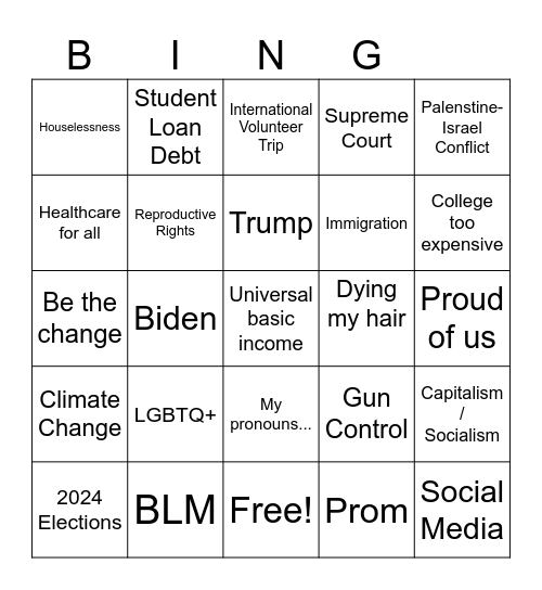 Youth Gone Wild Bingo Card