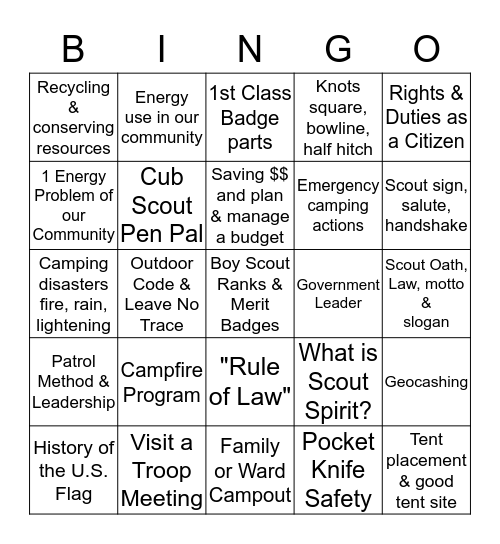 ARROW OF LIGHT Requirements Bingo Card