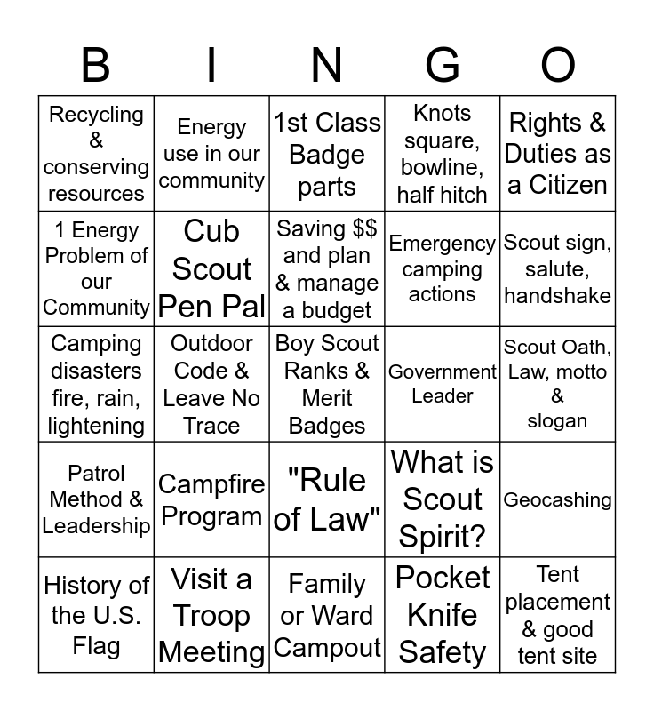 ARROW OF LIGHT Requirements Bingo Card