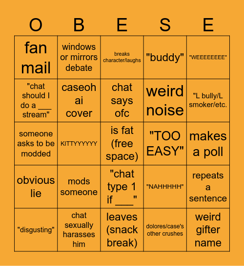 Caseoh Bingo Card