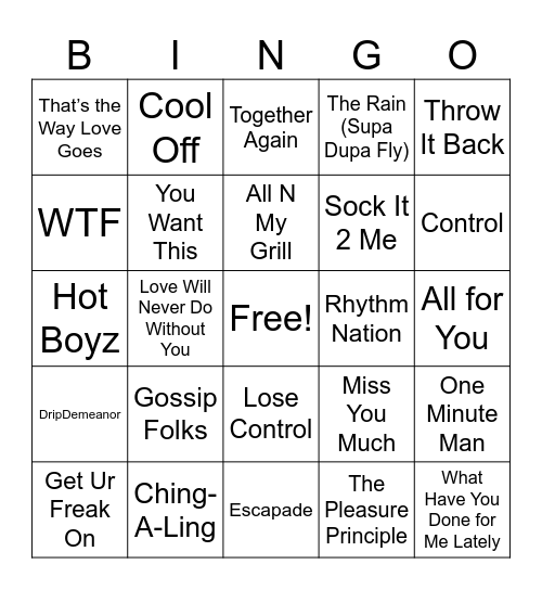 Janet Jackson VS Missy Elliott Bingo Card