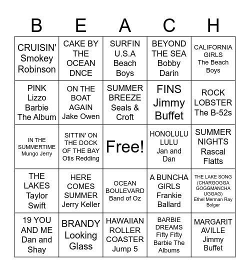 BEACH MUSIC BINGO! Bingo Card