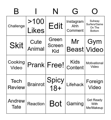 YT Shorts Bingo Card