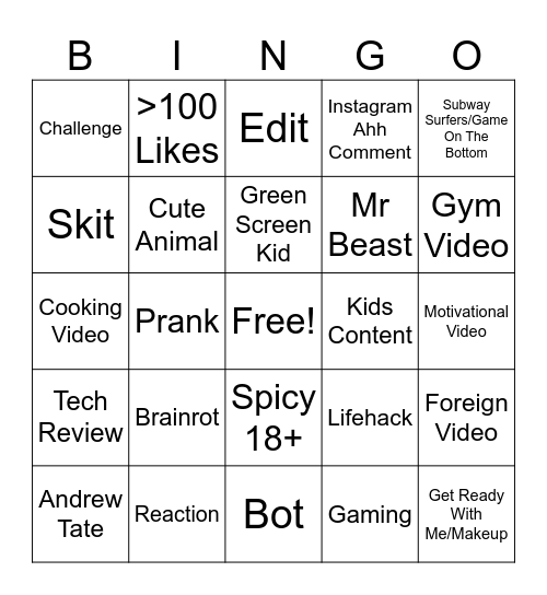 YT Shorts Bingo Card