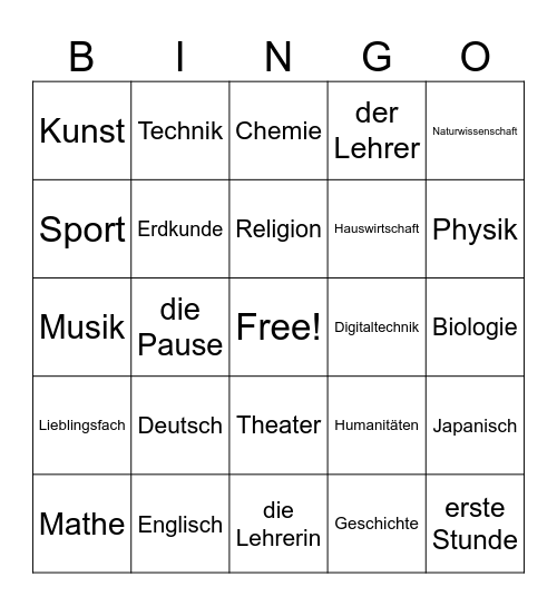 Subjects Bingo Card