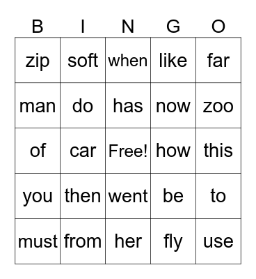 list B Bingo Card