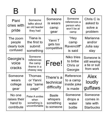 Camp Training Bingo Card