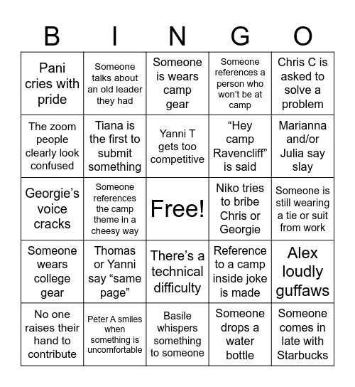 Camp Training Bingo Card