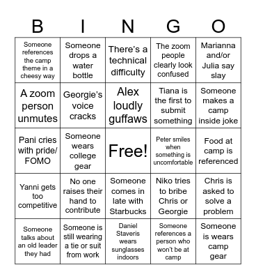Camp Training Bingo Card