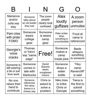 Camp Training Bingo Card