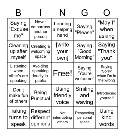 Basic Courtesy Bingo Card