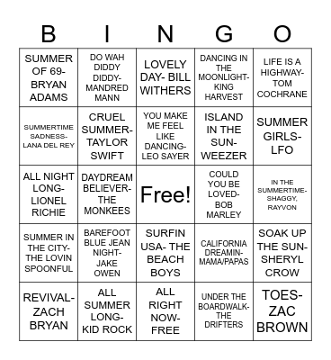 SONGS OF SUMMER Bingo Card