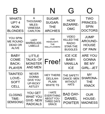 ONE HIT WONDERS Bingo Card
