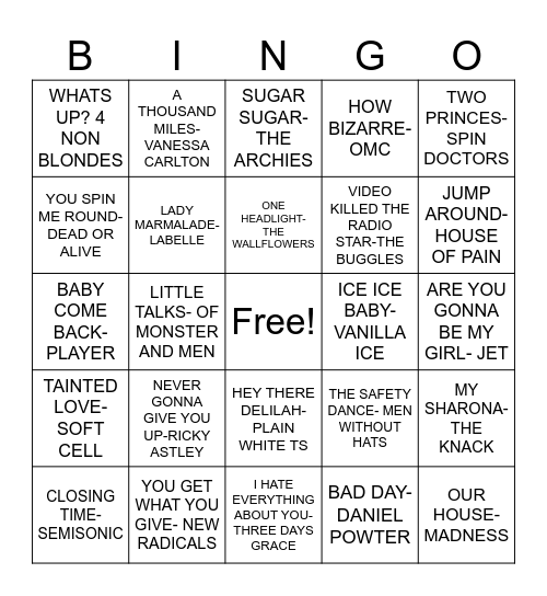 ONE HIT WONDERS Bingo Card