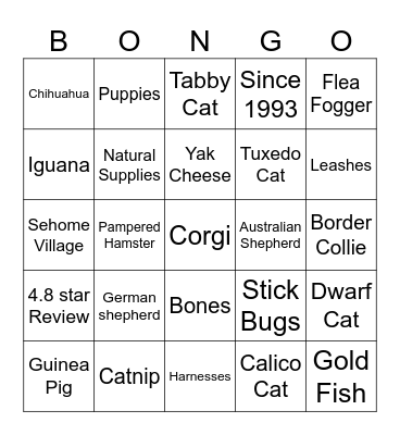 Pet Stop Bingo Card