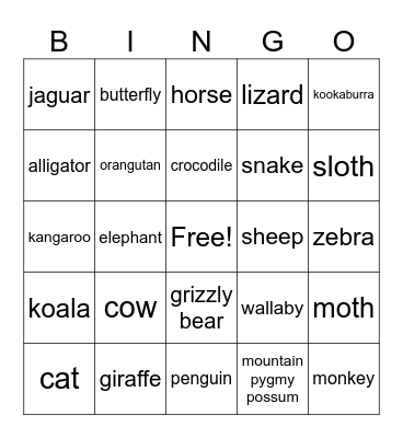 Animal Bingo Card