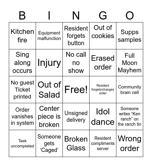 Fountains Dining room Bingo Card