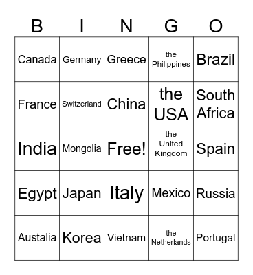 Countries Bingo Card