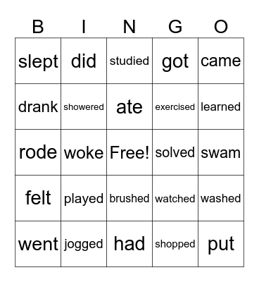 Past Tense Hobbies Bingo Card