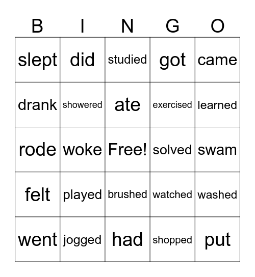 Past Tense Hobbies Bingo Card