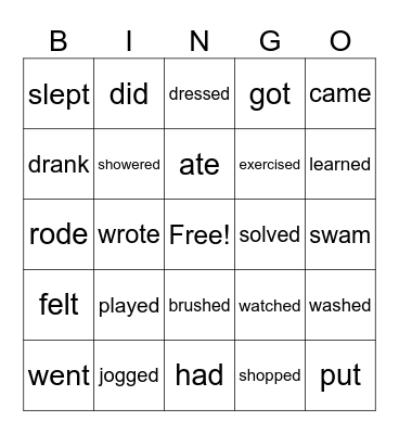 Past Tense Hobbies Bingo Card