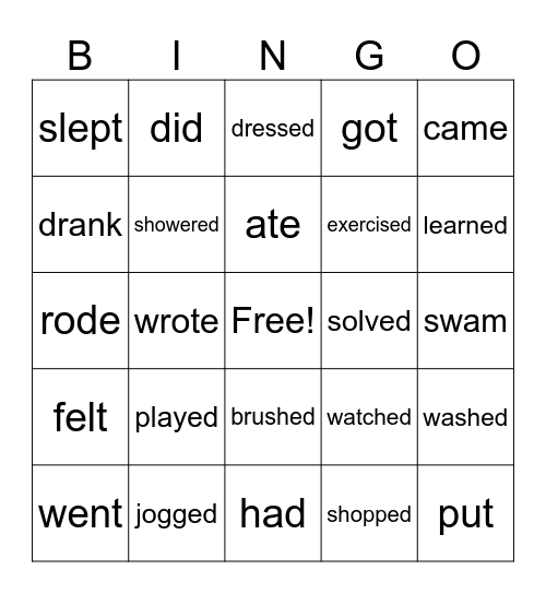 Past Tense Hobbies Bingo Card