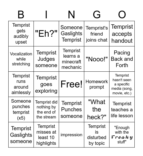 Temprist Monday Bingo (Minecraft) Bingo Card
