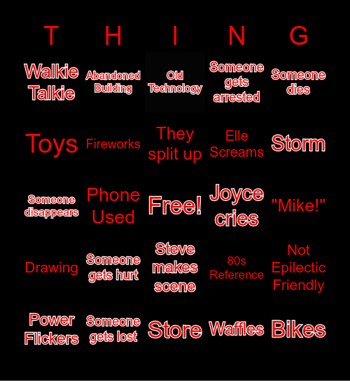 STRANGER THINGS Bingo Card