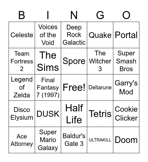 My Fav Video Games Bingo Card