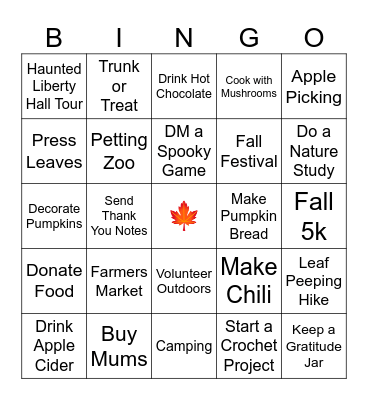 🍁🍂 Solo Fall Bucket List 🍂🍁 Bingo Card