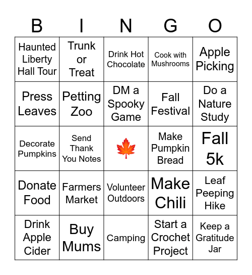 🍁🍂 Solo Fall Bucket List 🍂🍁 Bingo Card