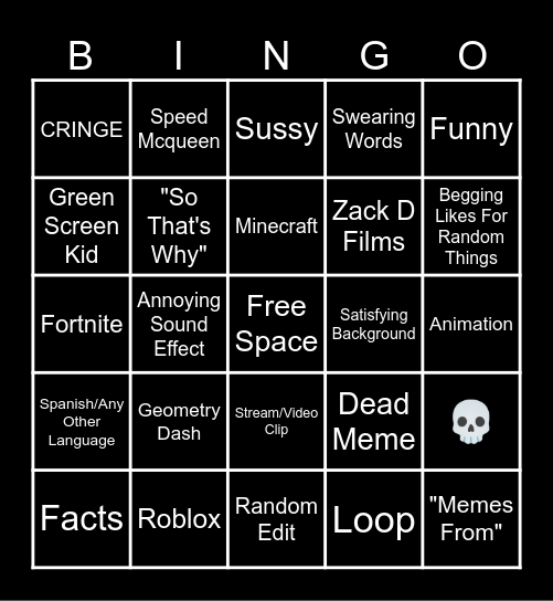 YouTube Shorts Bingo Card