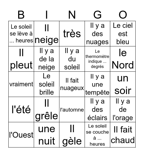 Dossier 6: Vocabulaire Bingo Card